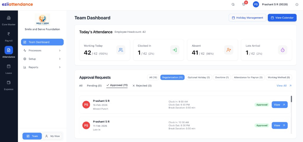 Attendance management team dashboard
