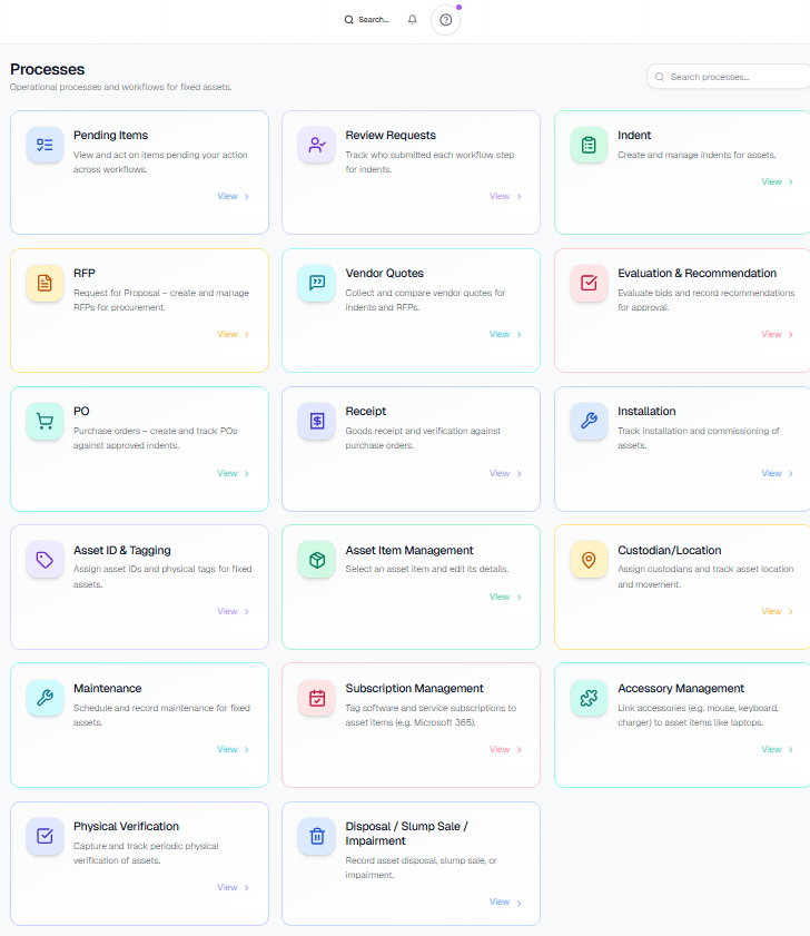 Fixed Assets process screen